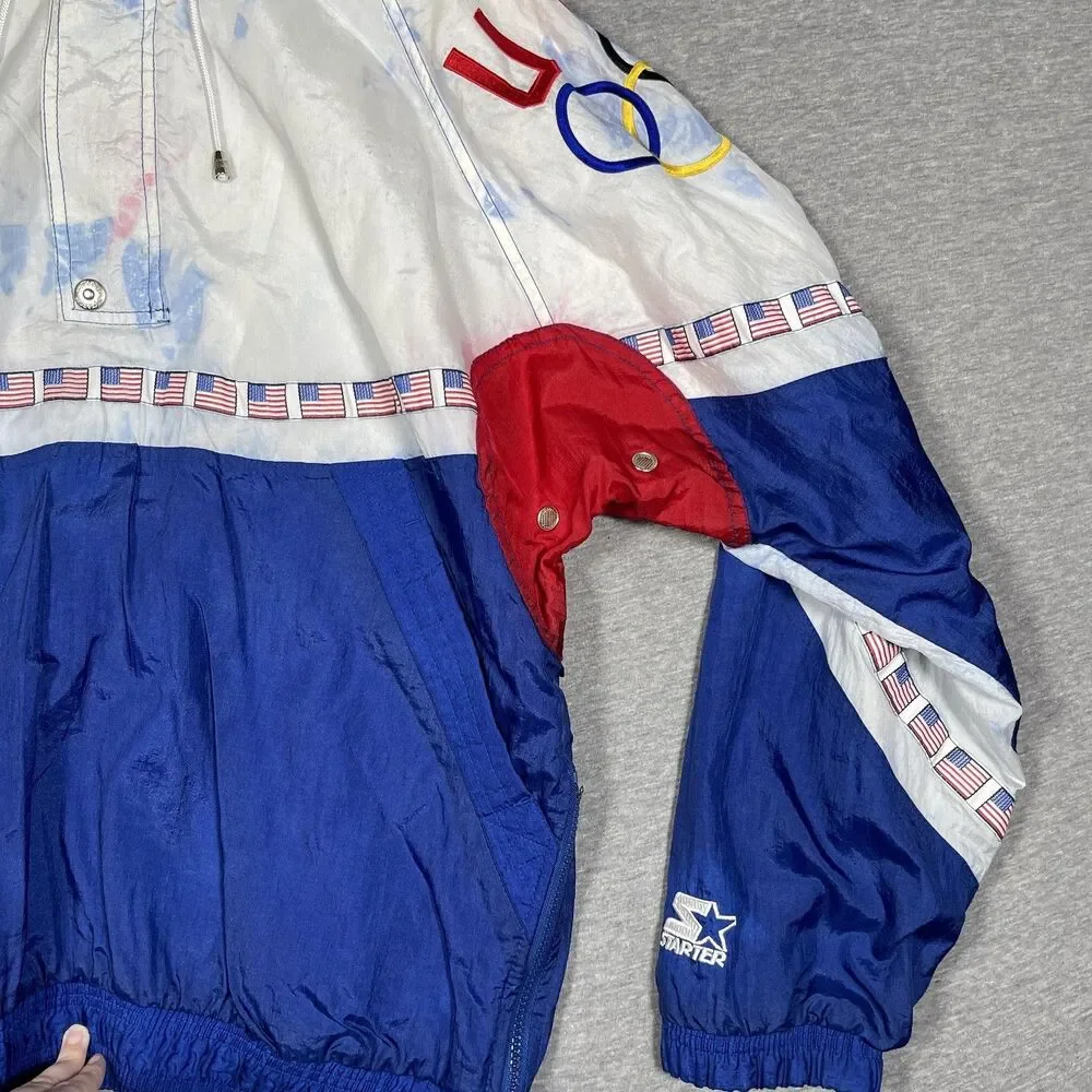 Vintage Starter Windbreaker Jacket Mens L Blue USA Olympic Hooded Pockets Lined